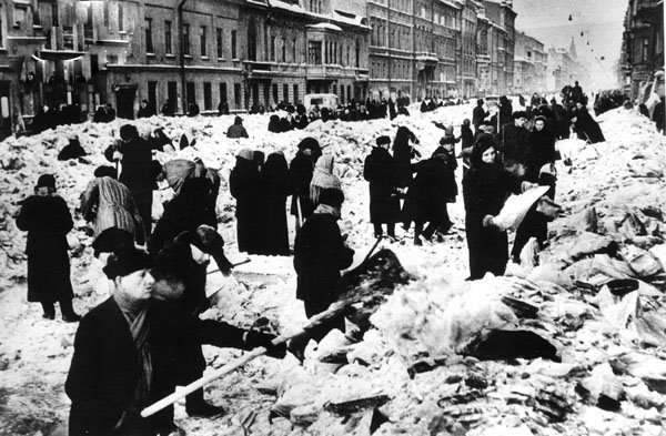 1944. Residents of Leningrad are cleaning the streets or what's left of them